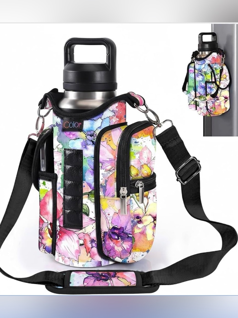 Floral Magnetic Gym Bag Water Bottle Holder with Phone Pockets & Shoulder Strap